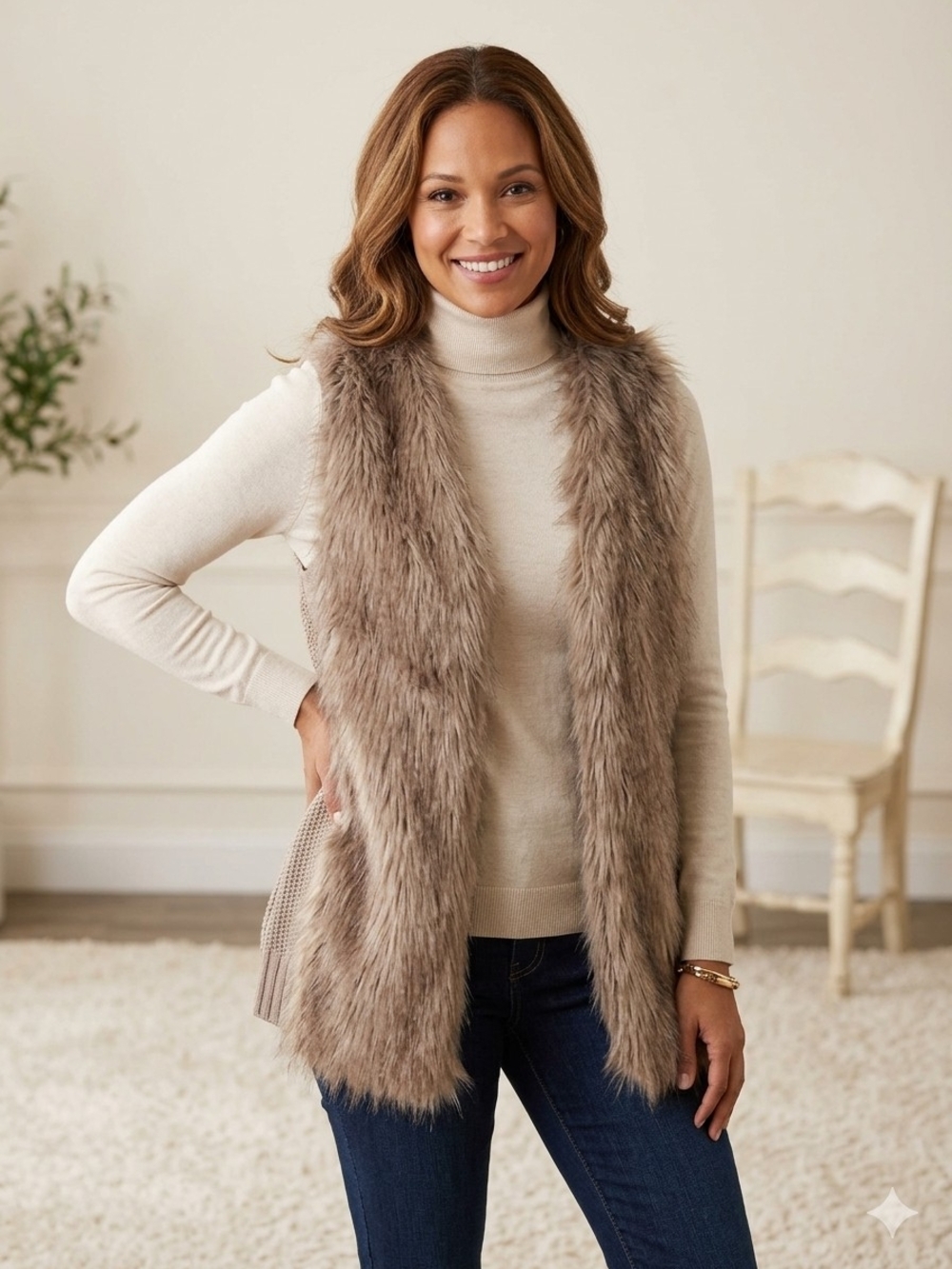 Sebby Collection Faux Fur Knit Back Vest Beige Tan Open Front Large NWT